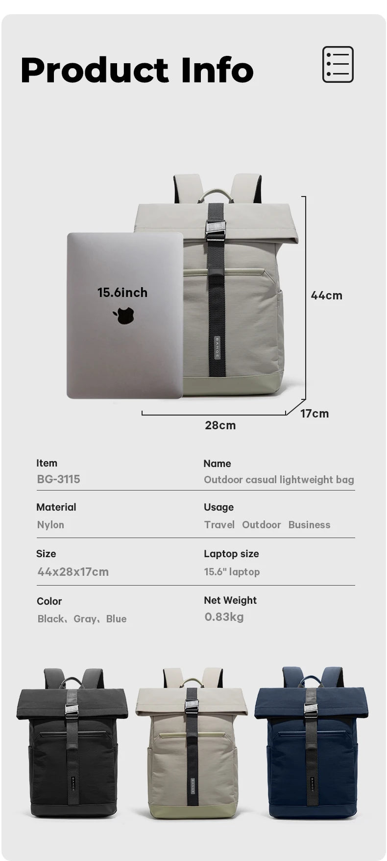 BANGE 3115 Grey Hot Sell New Arrival Wholesale Soft Lightweight Waterproof Men Casual Laptop Backpack