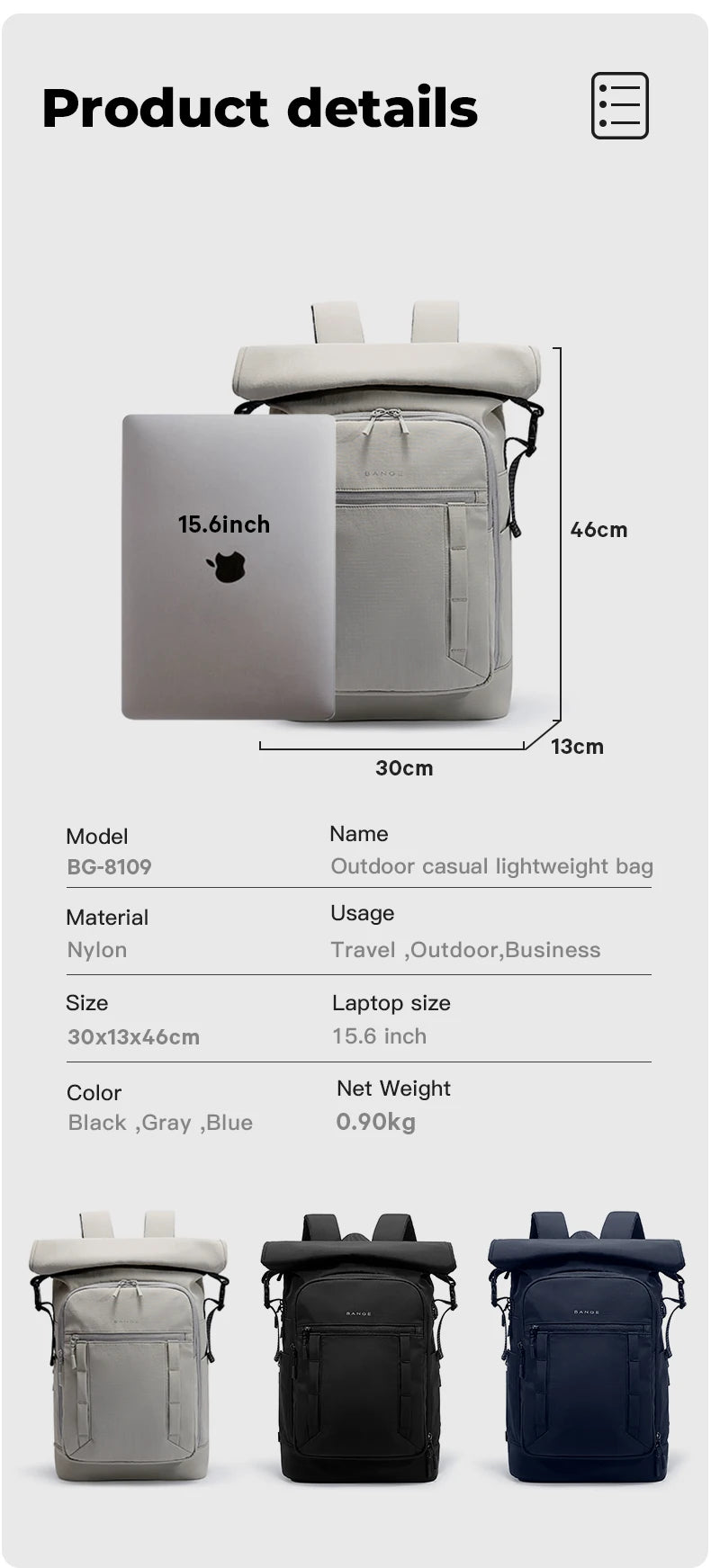 BANGE 8109 Grey New Waterproof Expandable Roll-top Travel Backpack Wholesale Lightweight Ergonomic School Bag Unisex