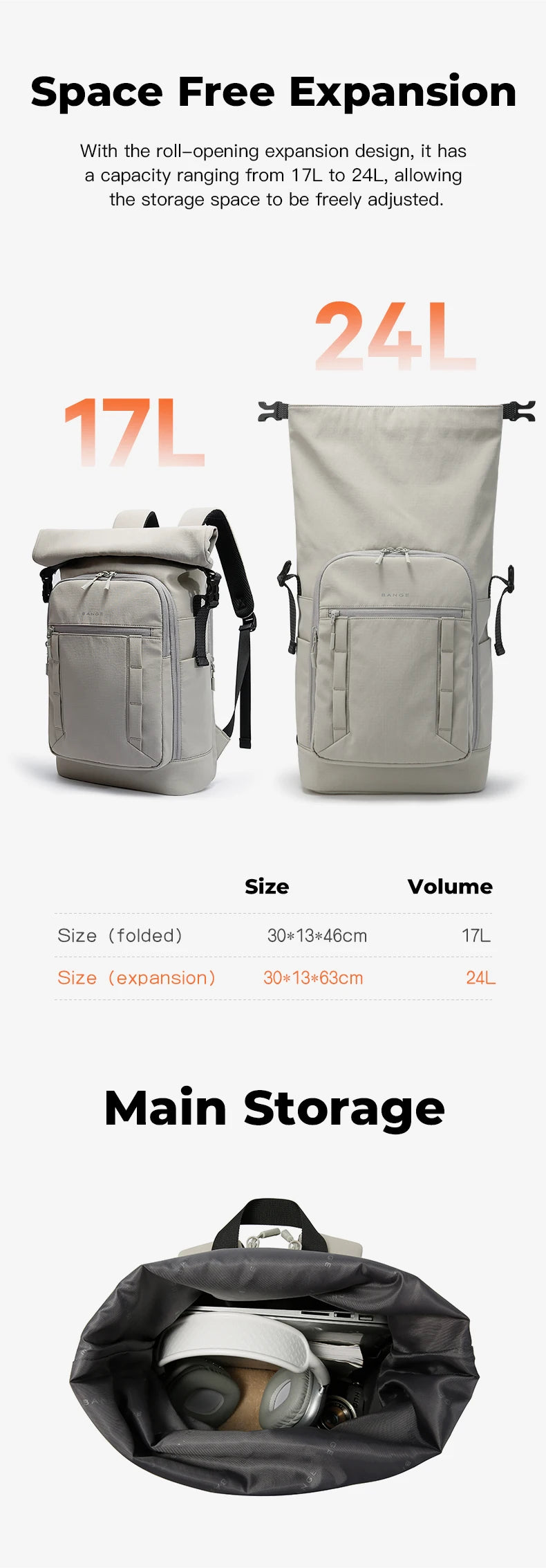 BANGE 8109 Grey New Waterproof Expandable Roll-top Travel Backpack Wholesale Lightweight Ergonomic School Bag Unisex