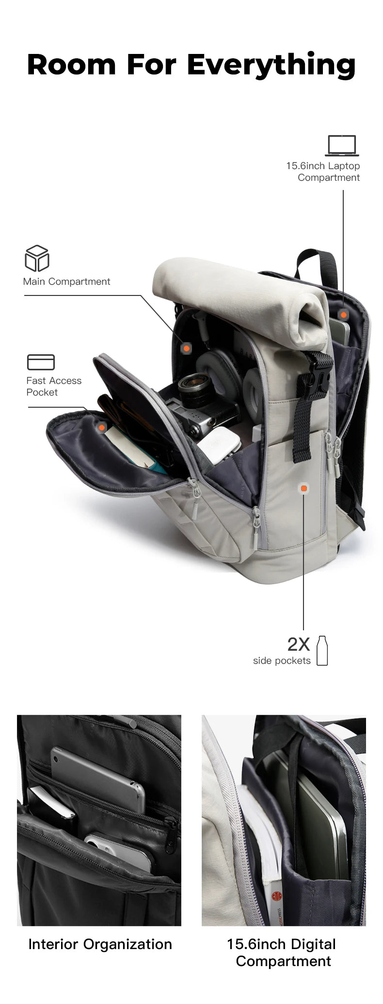 BANGE 8109 Grey New Waterproof Expandable Roll-top Travel Backpack Wholesale Lightweight Ergonomic School Bag Unisex