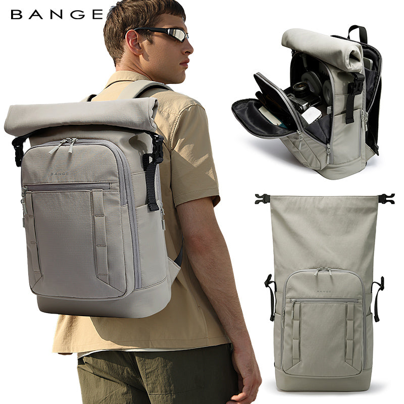 BANGE 8109 Grey New Waterproof Expandable Roll-top Travel Backpack Wholesale Lightweight Ergonomic School Bag Unisex