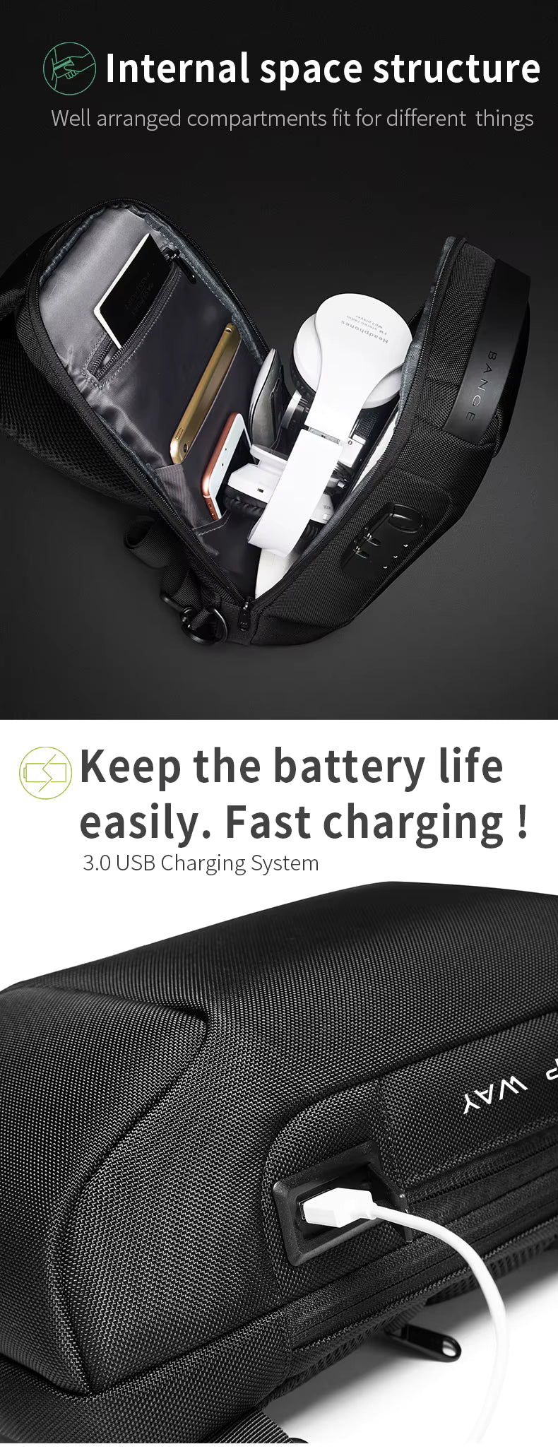 Bange Multifunctional Waterproof Sling Bag with USB Charging BG 22085 Black