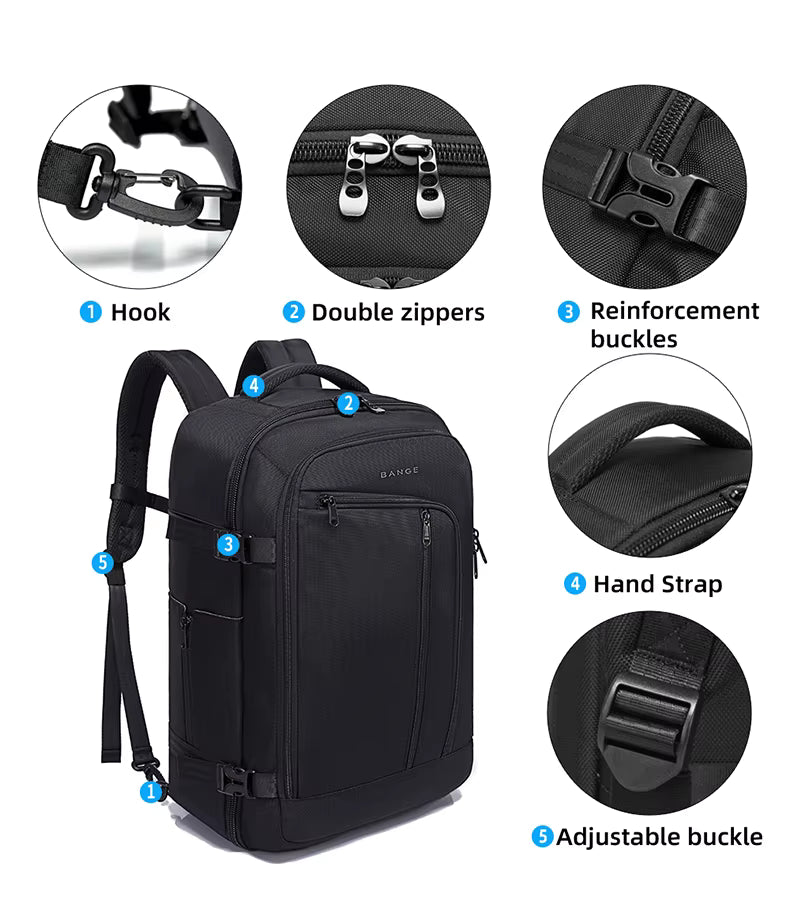 Bange 1916 polyester backpack waterproof travel laptop with 3 packing cubes Black