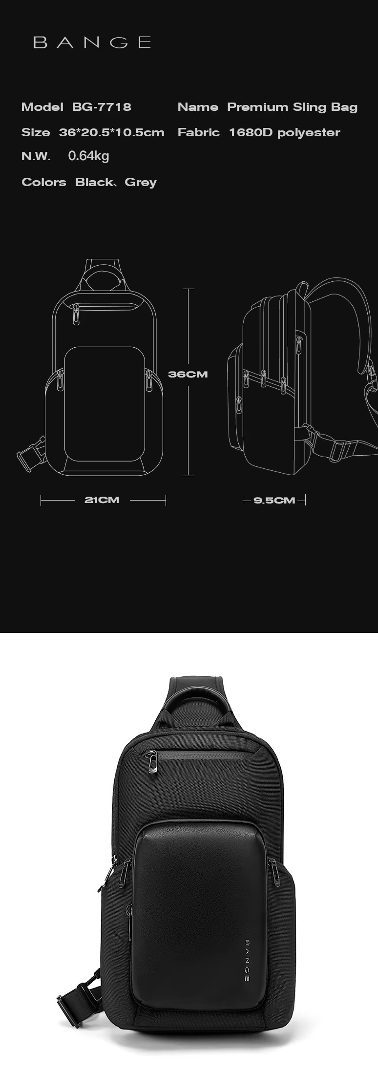 Bange Waterproof Shoulder CrossBody Sling Bag Model BG 7718 Black
