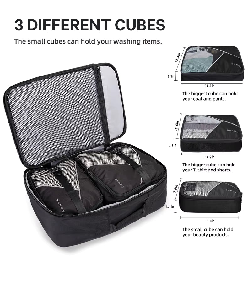Bange 1916 polyester backpack waterproof travel laptop with 3 packing cubes Black