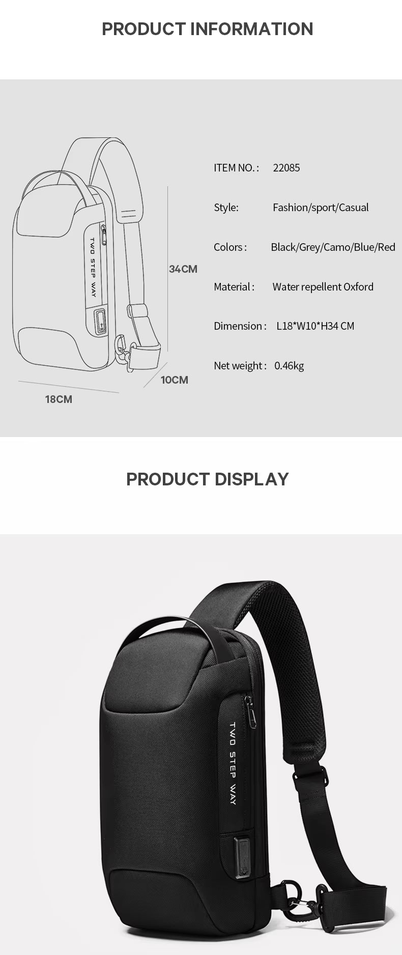 Bange Multifunctional Waterproof Sling Bag with USB Charging BG 22085 Black