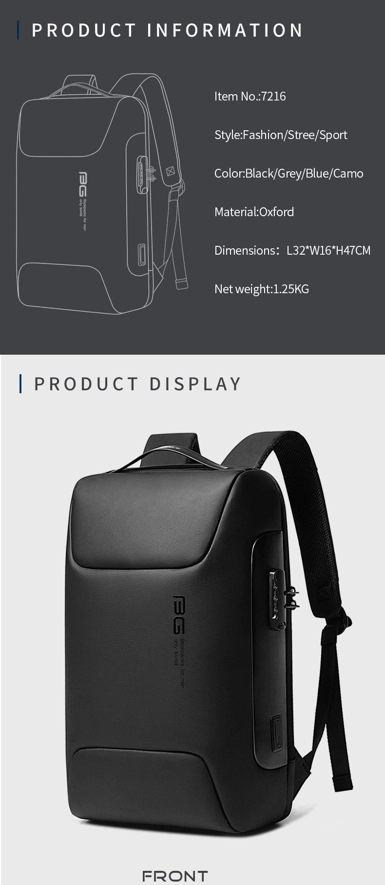 BANGE 7216 Waterproof Unisex Travel Laptop Backpack with USB Charging Black 15.6 inch Grey
