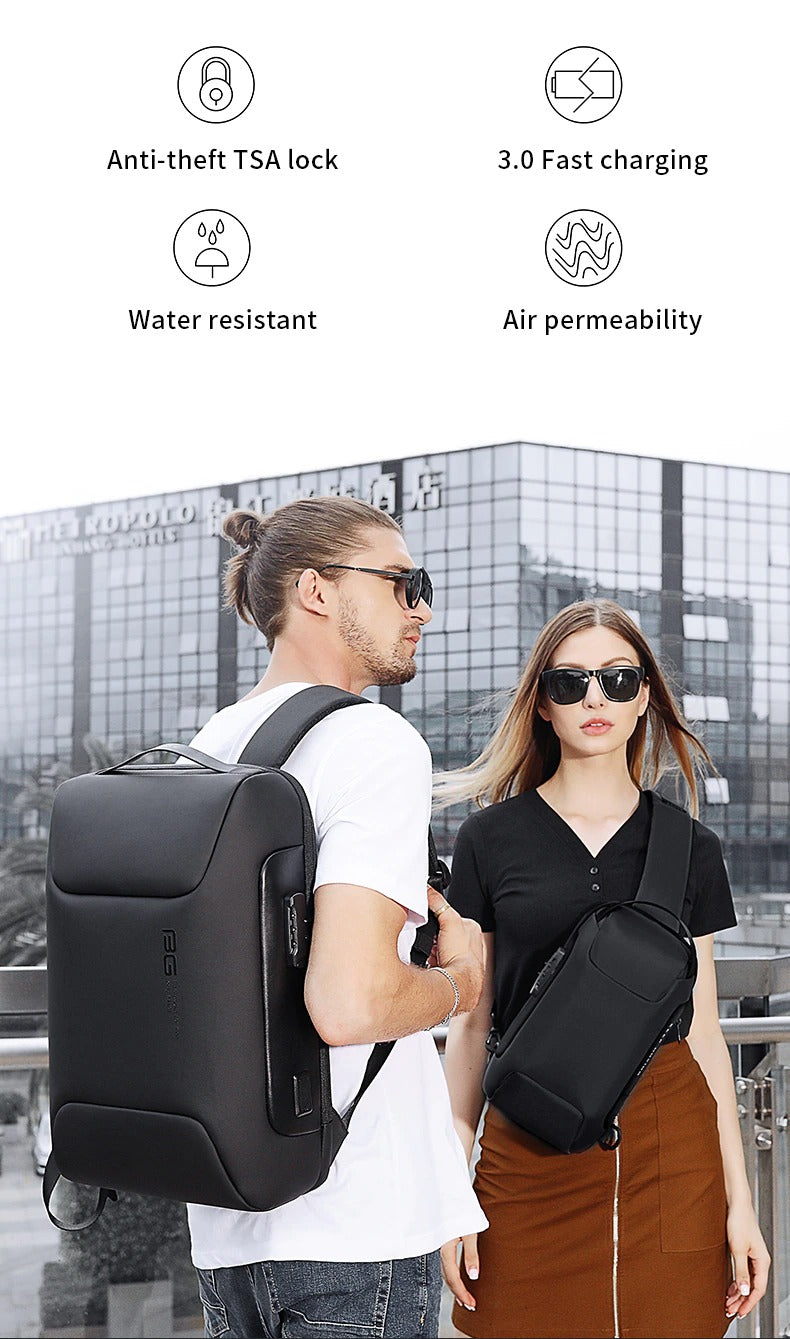 BANGE 7216 Waterproof Unisex Travel Laptop Backpack with USB Charging Black 15.6 inch Grey