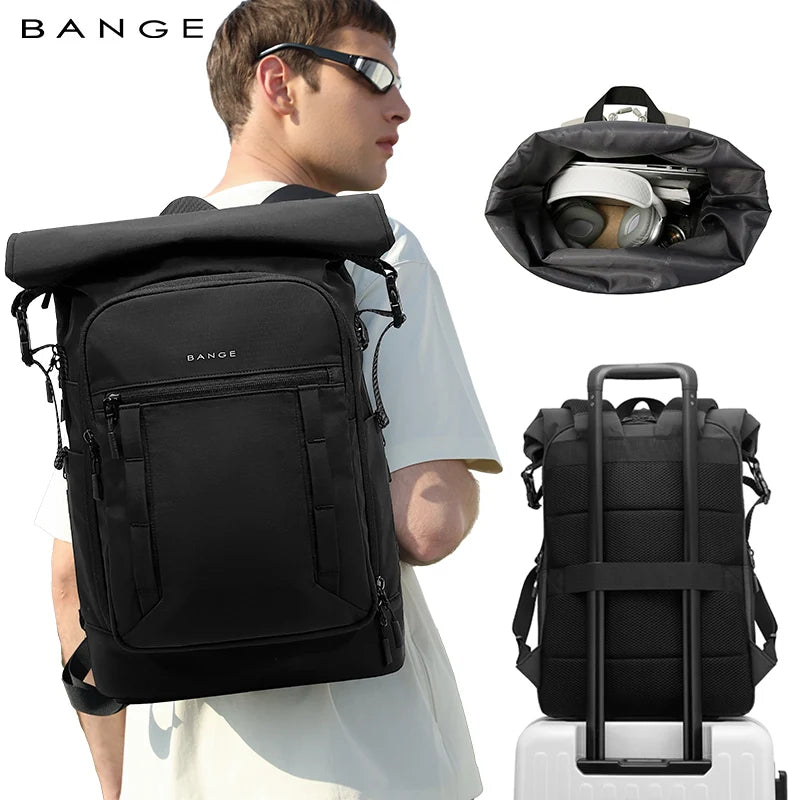 BANGE 8109 Black New Waterproof Expandable Roll-top Travel Backpack Wholesale Lightweight Ergonomic School Bag Unisex