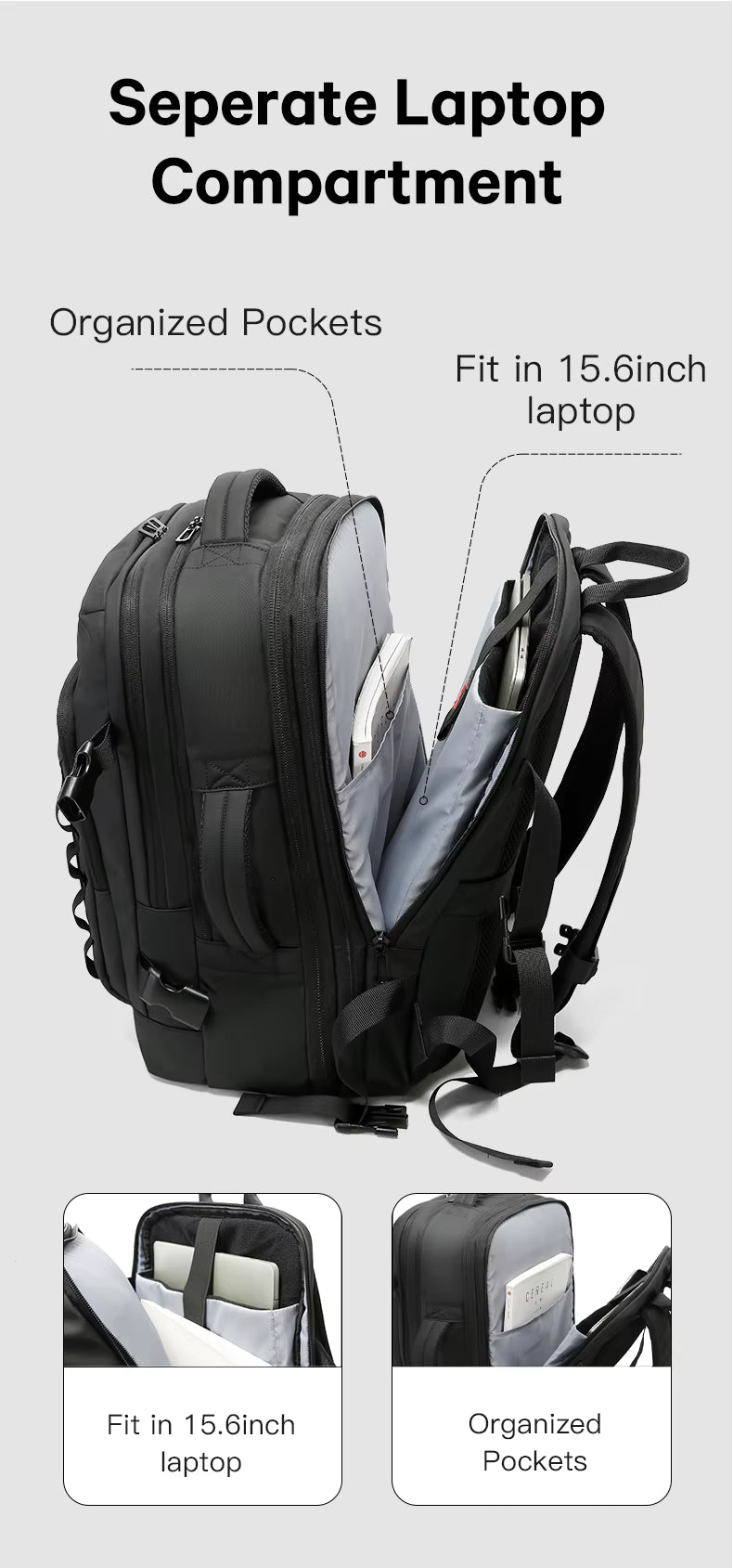 Bange New Design Multifunction Business Expandable Travel Men Waterproof Laptop Backpack 3088 Black