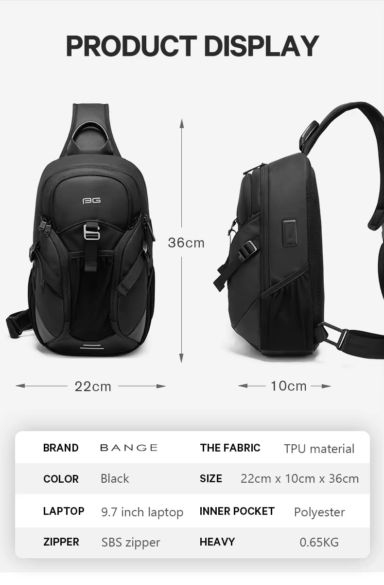 Bange High Quality Multifunctional Crossbody Men Shoulder Waterproof Sling Bag Model BG 77120 Black
