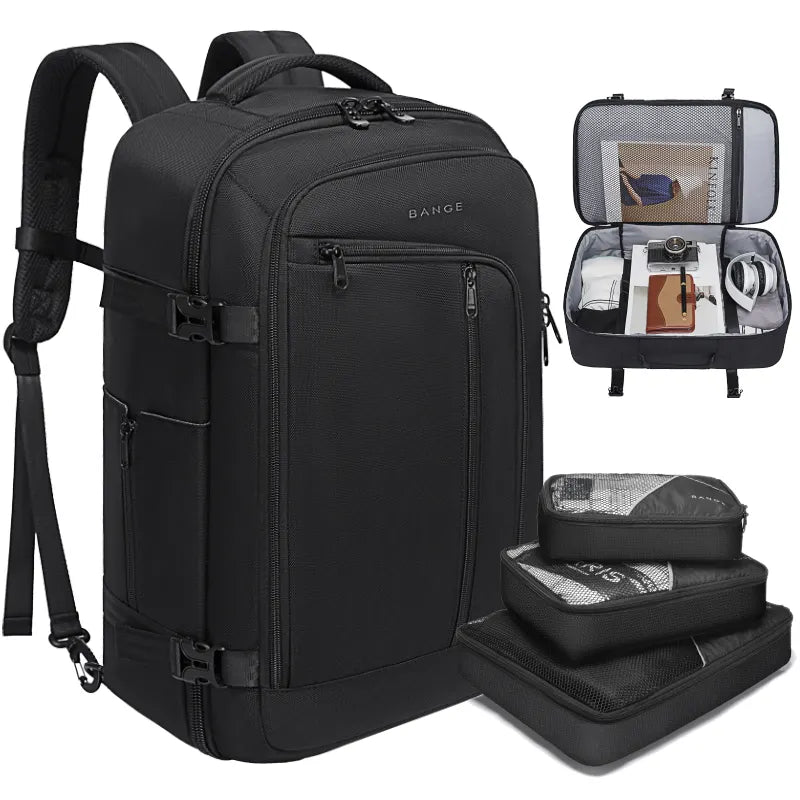 Bange 1916 polyester backpack waterproof travel laptop with 3 packing cubes Black