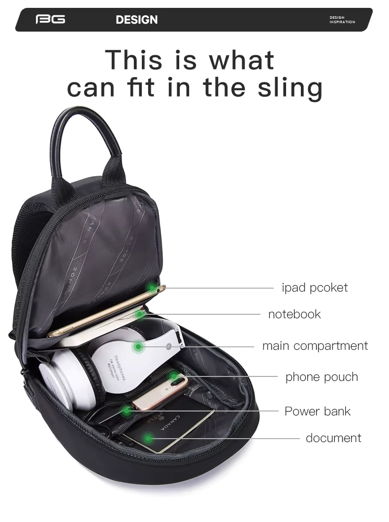 Bange Multifunctional Waterproof Sling with USB Charging chest anti theft bag BG 7306 Black