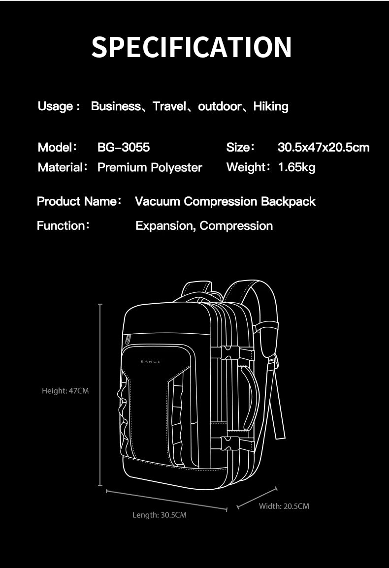 Bange New Design Multifunction Business Expandable Travel Men Waterproof Laptop Backpack 3088 Black