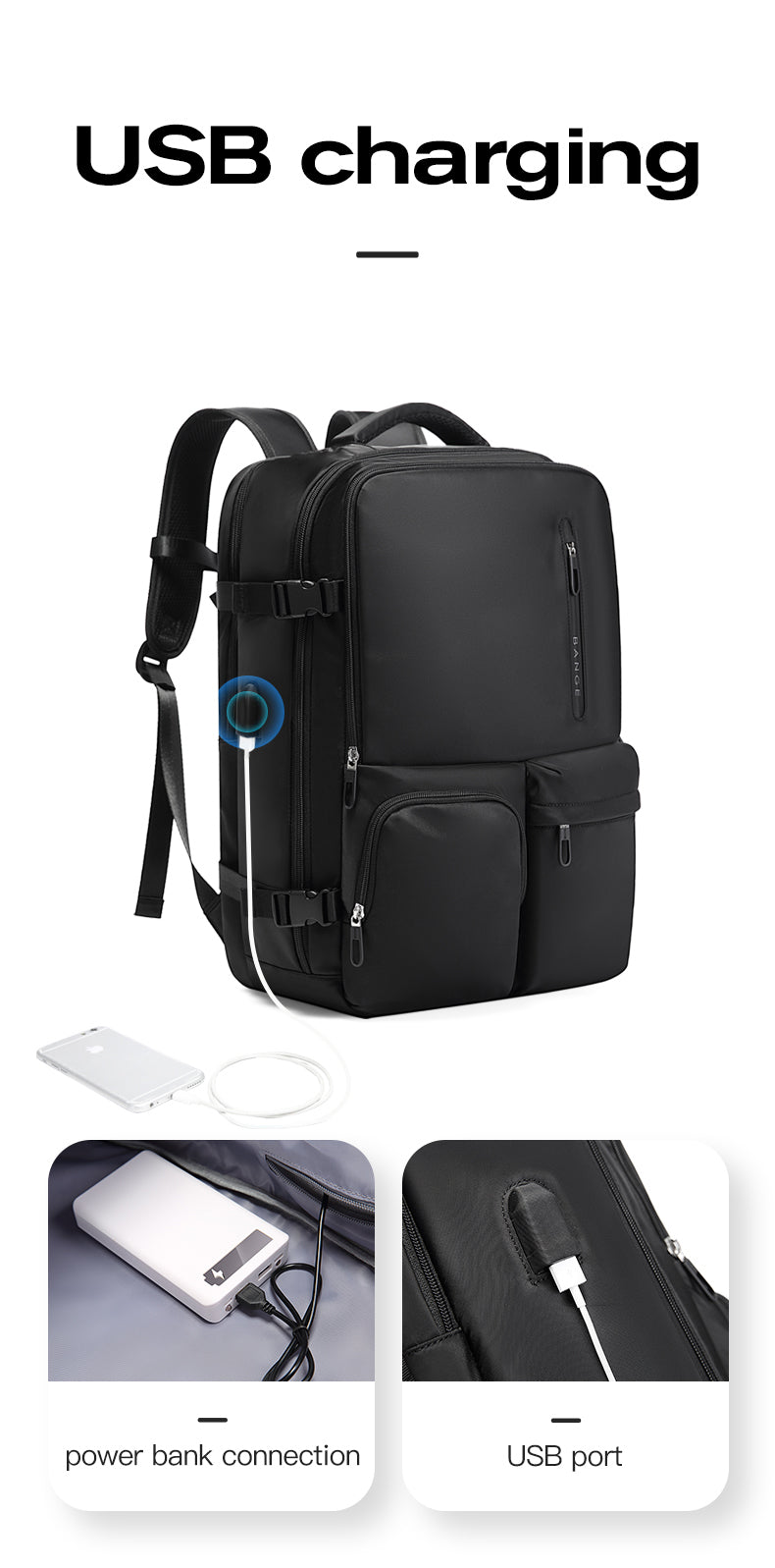 Bange 1800 polyester unisex travel backpacks laptop waterproof Black