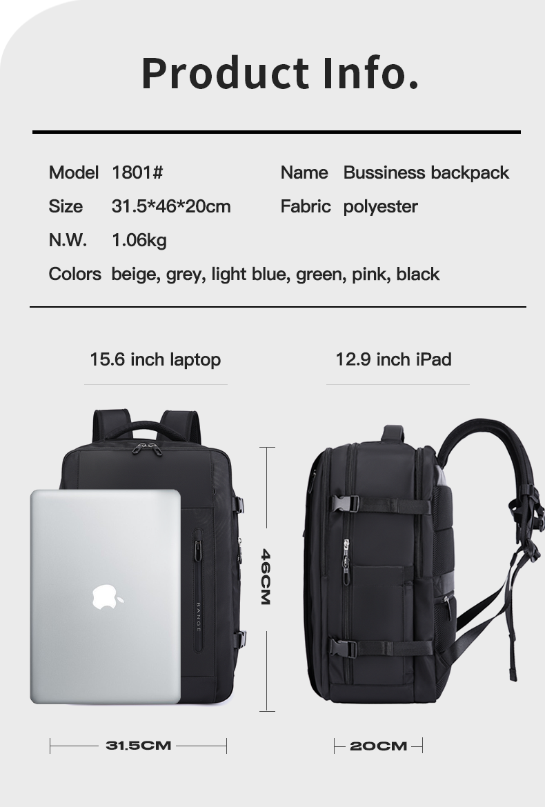 Bange 1801 polyester unisex travel backpacks laptop waterproof Black